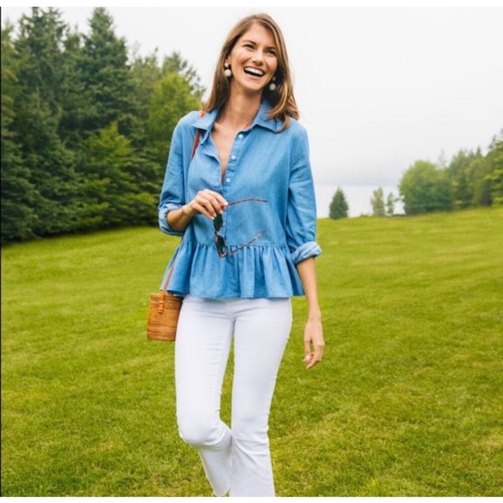 Tuckernuck Pomander Place Charley Chambray Blouse Small Blue Button Up Peplum